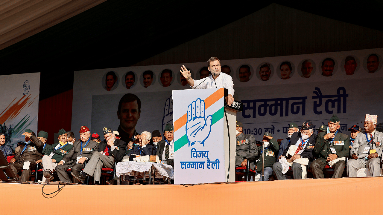 Congress MP Rahul Gandhi addresses Congress's 'Vijay Samman Rally', organised on the occasion of the 50th anniversary of the 1971 Indo-Pak war victory, at Parade Ground in Dehradun. Credit: PTI Photo