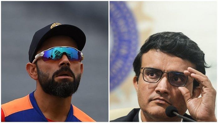 Former skipper Virat Kohli and BCCI president Sourav Ganguly. Credit: AFP Photo