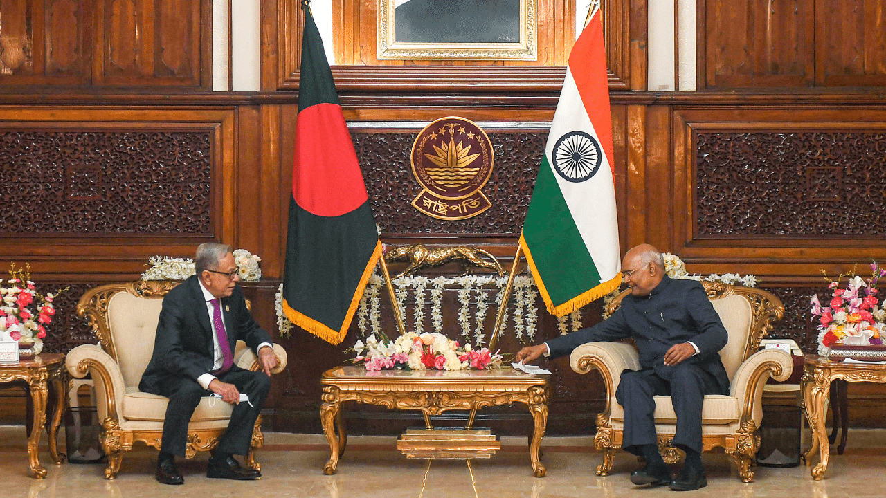 President Ram Nath Kovind with President Abdul Hamid of Bangladesh during a meeting in Dhaka. Credit: PTI Photo