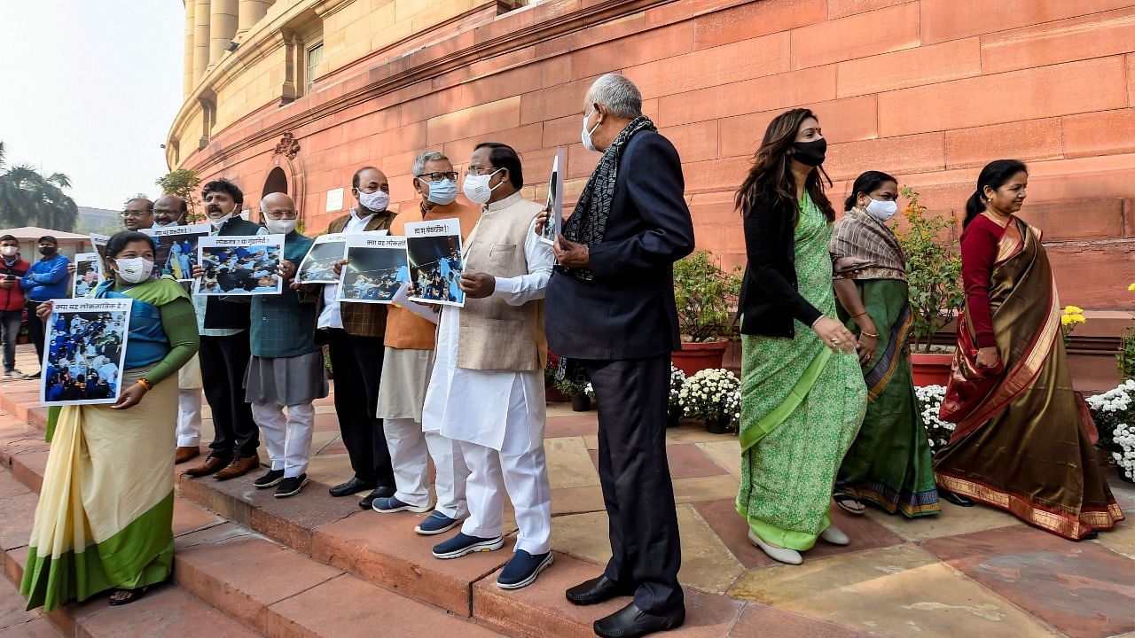 Suspended MPs in the Parliament. Credit: PTI Photo