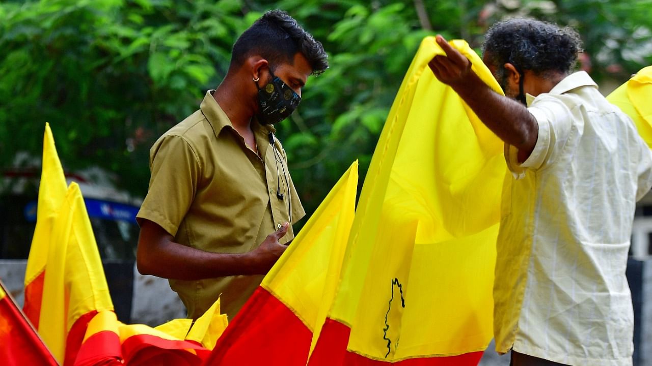 The MLAs also jumped to the well of the House by waving the yellow-red flag that represents Kannada. Credit: DH File Photo