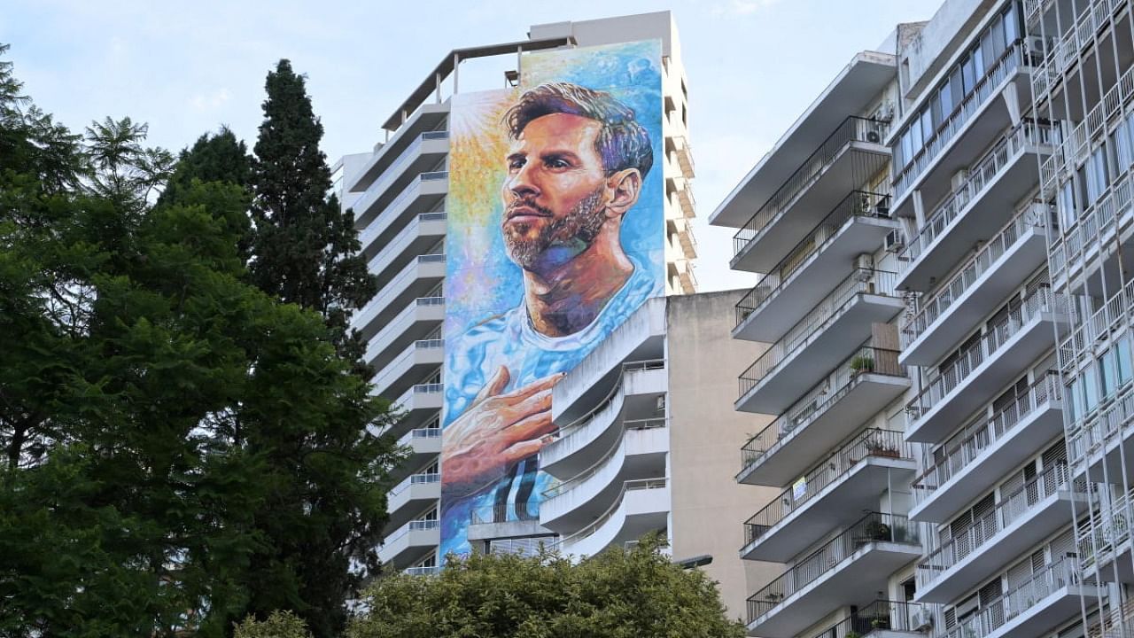 A general view shows a 69-metre-tall mural depicting soccer superstar Lionel Messi, painted by artists Marlene Zuriaga and Lisandro Urteaga, at Messi's hometown, in Rosario. Credit: Reuters photo