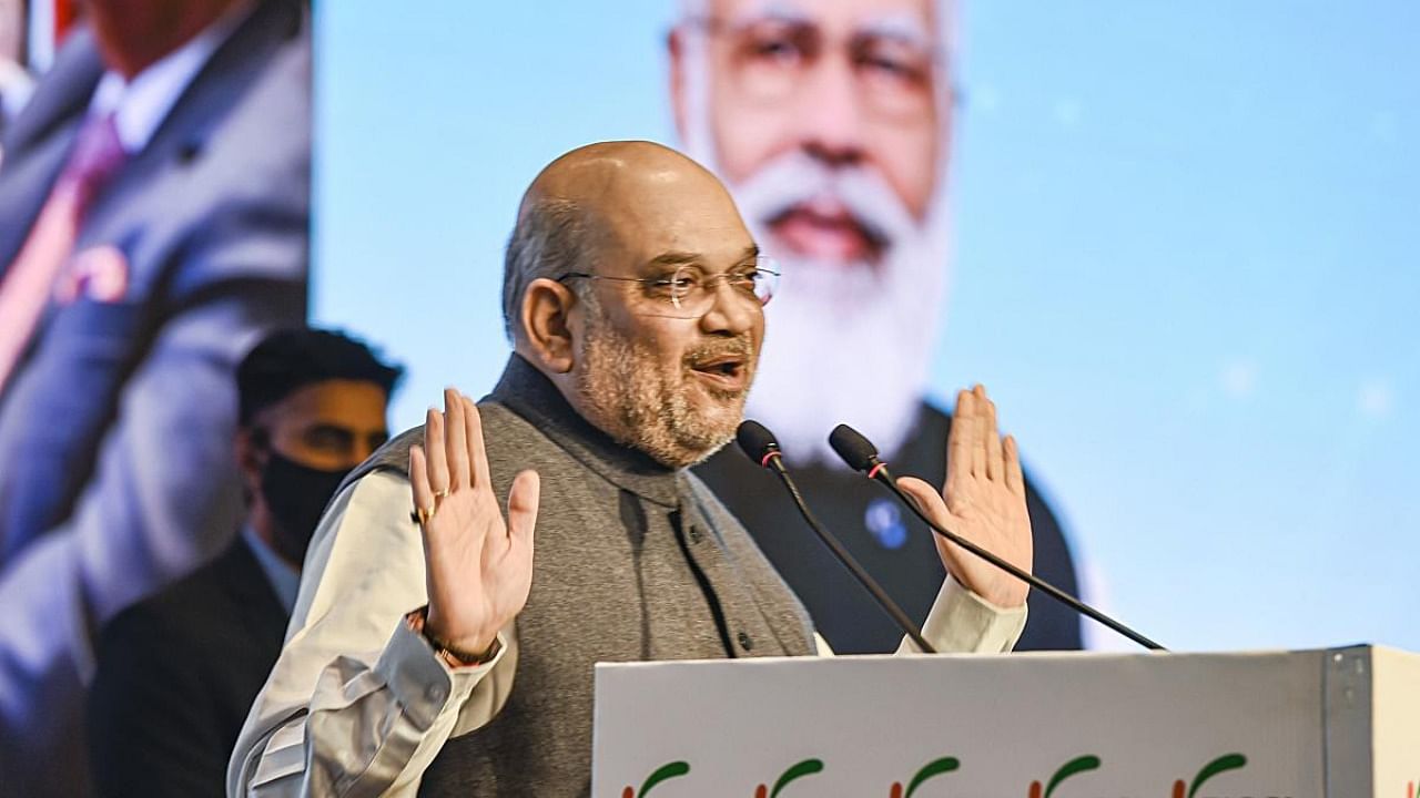 Union Home Minister Amit Shah addresses during the FICCI Annual Convention & 94th Annual General Meeting on the theme ‘India Beyond 75’, in New Delhi, Friday, Dec. 17, 2021. Credit: PTI Photo