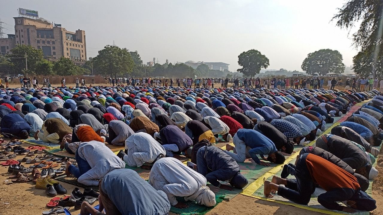 Members of the Muslim community offer Namaz at an open site in Gurugram. Credit: IANS Photo