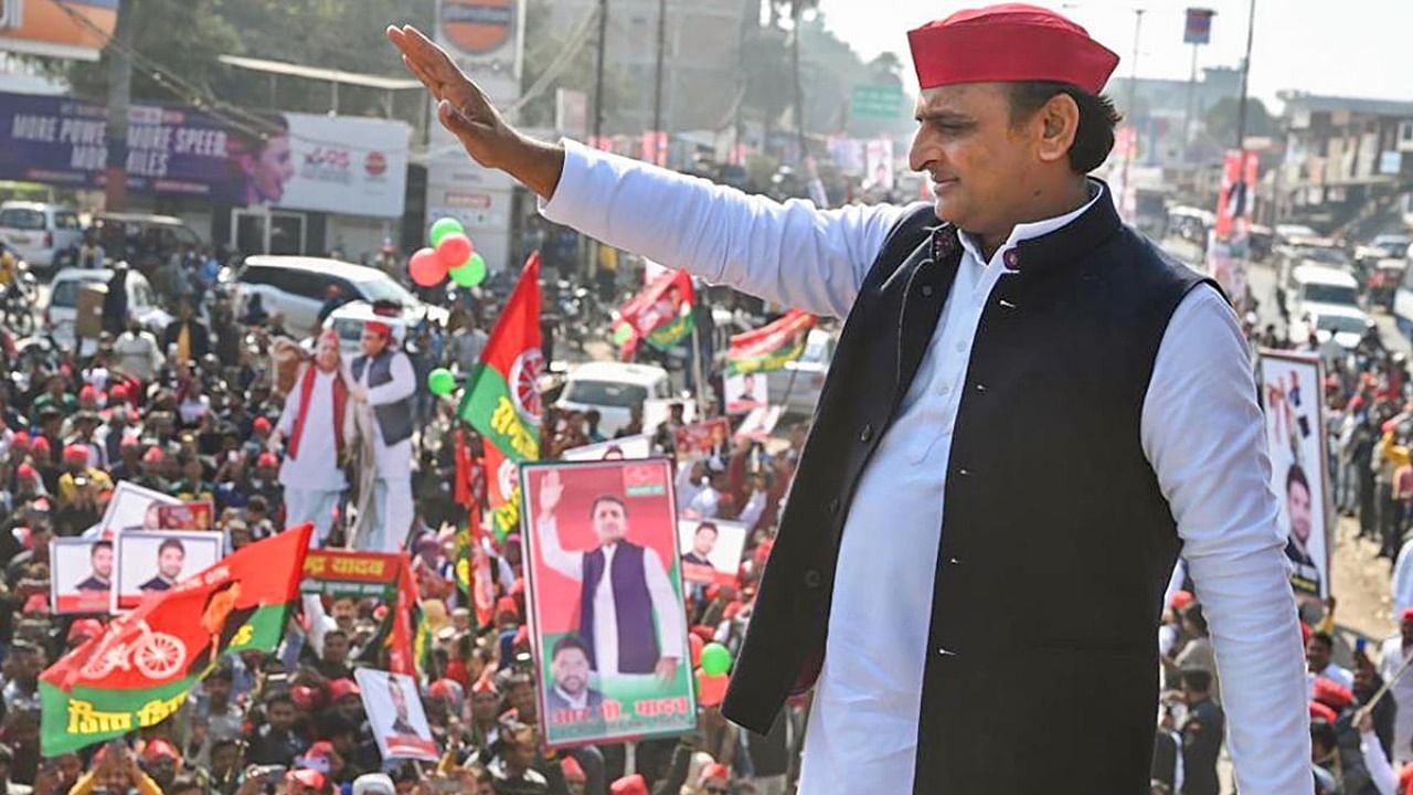 majwadi Party President Akhilesh Yadav during his Vijay Rath Yatra in Raebareli. Credit: PTI photo