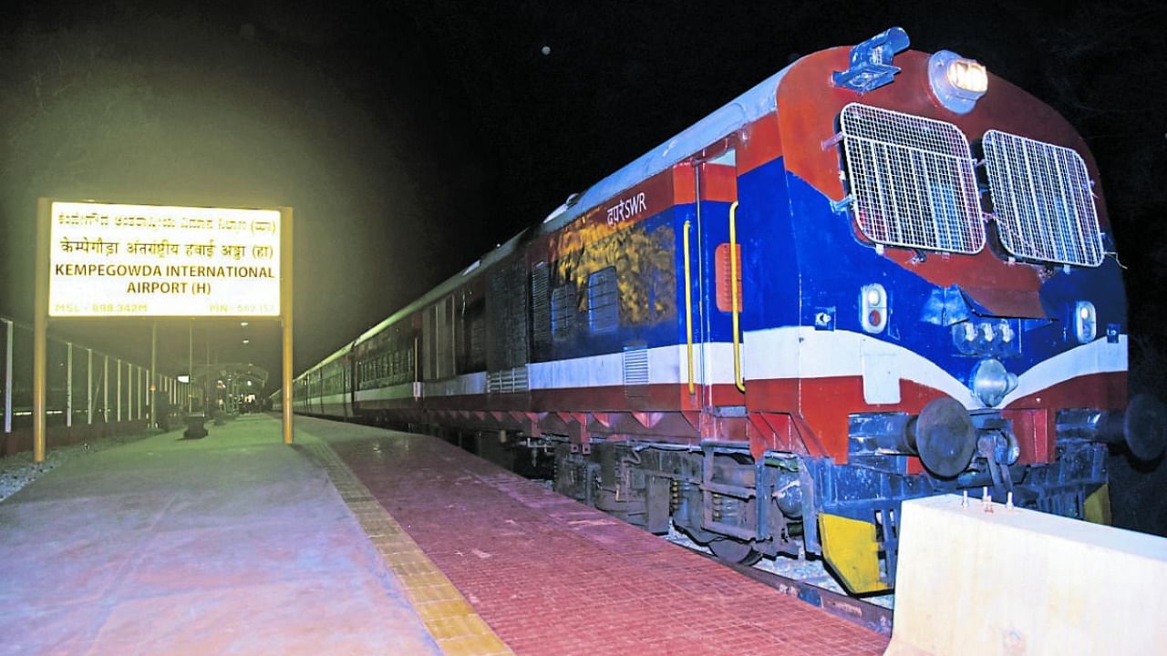A suburban train at the Kempegowda Airport Halt Station. Credit: DH file photo