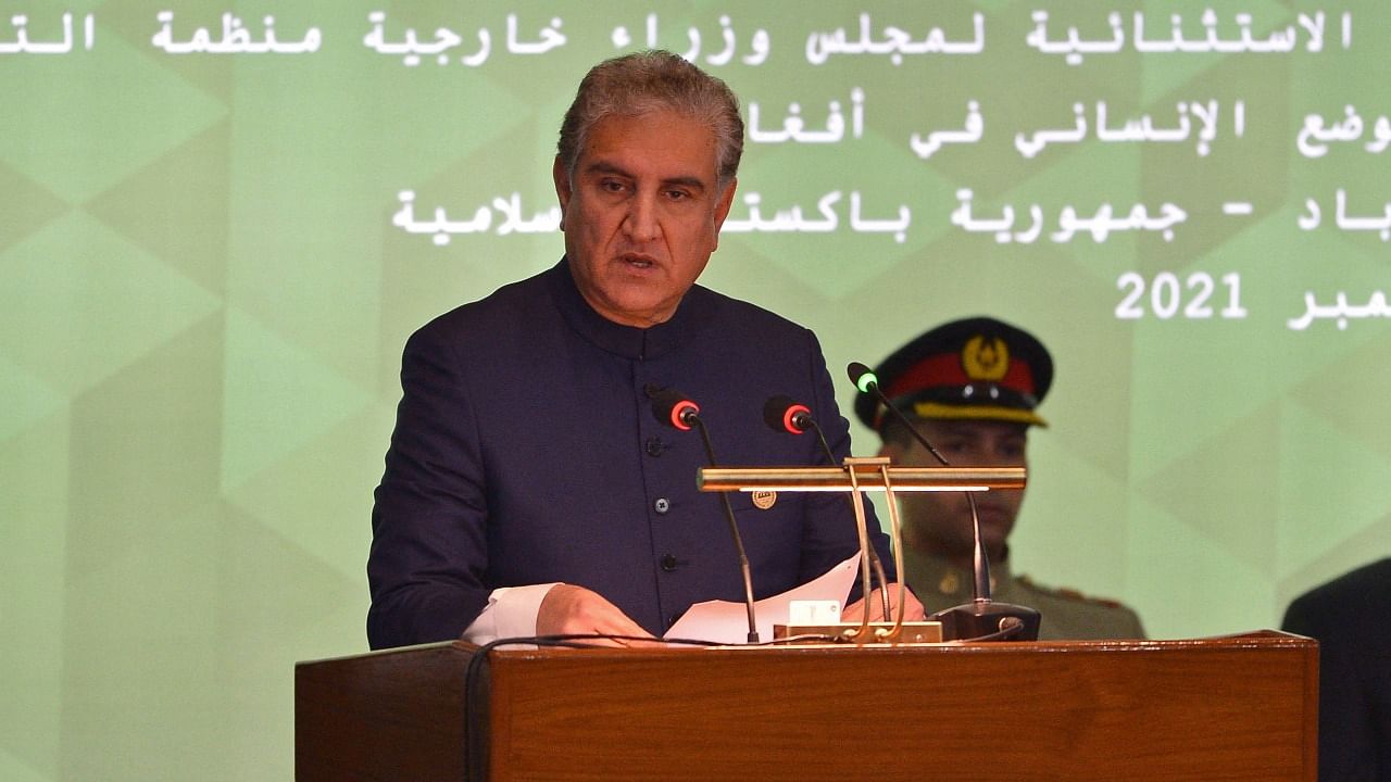 Pakistan's Foreign Minister Shah Mahmood Qureshi speaks during the opening of a special meeting of the 57-member Organisation of Islamic Cooperation (OIC) in Islamabad on December 19, 2021. Credit: AFP Photo
