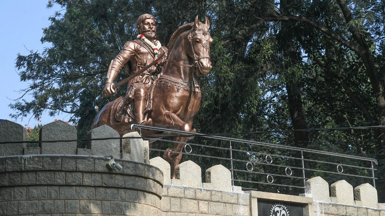 The Shivaji Statue in Bengaluru's Bashyam Circle that was defaced on Thursday midnight. Credit: DH Photo/S K Dinesh