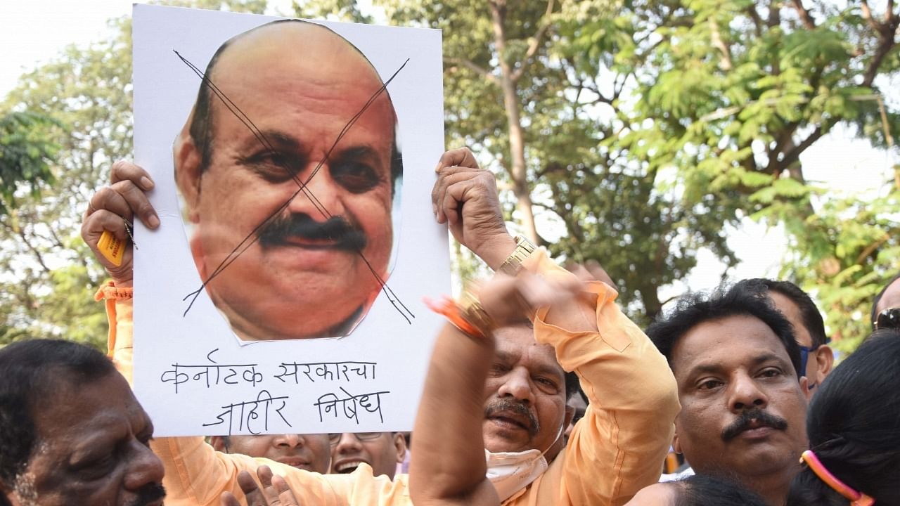 NCP activists staged a protest against Karnataka chief minister Basavaraj Bommai to condemn the alleged desecration of Chhatrapati Shivaji's statue in Bengaluru. Credit: IANS Photo