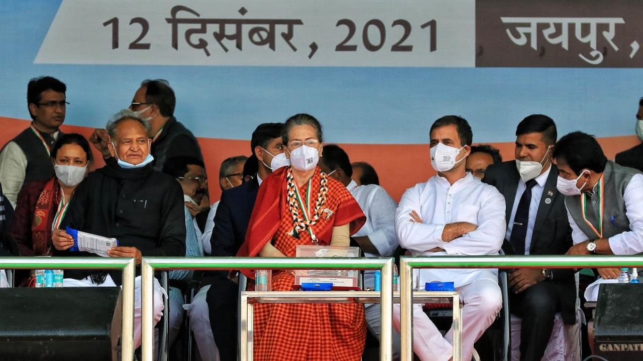Congress President Sonia Gandhi, party leader Rahul Gandhi and Rajasthan Chief Minister Ashok Gehlot during the party's 'Mehangai Hatao Rally' against the Central government, in Jaipur. Credit: PTI Photo