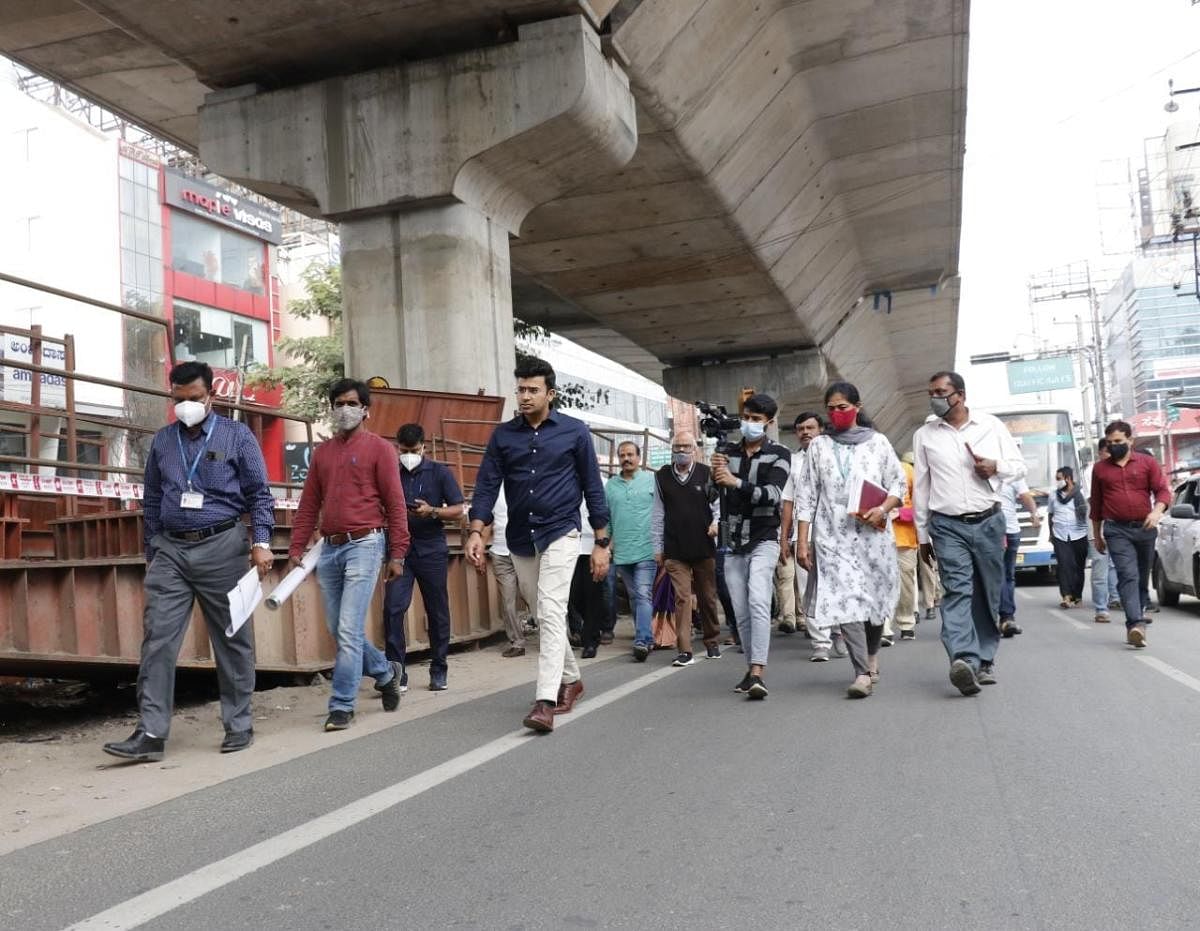 Bangalore South MP Tejasvi Surya inspecting the Eejipura Flyover along with local residents and BBMP officials. Credit: DH Photo