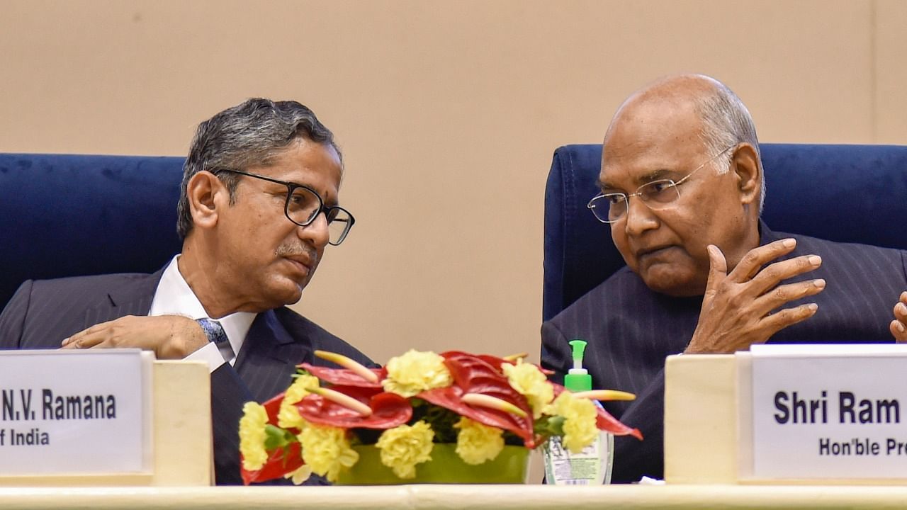 CJI NV Ramana (Left) said he brings up demands with the President (Right) and Prime Minister whenever possible. Credit: PTI Photo