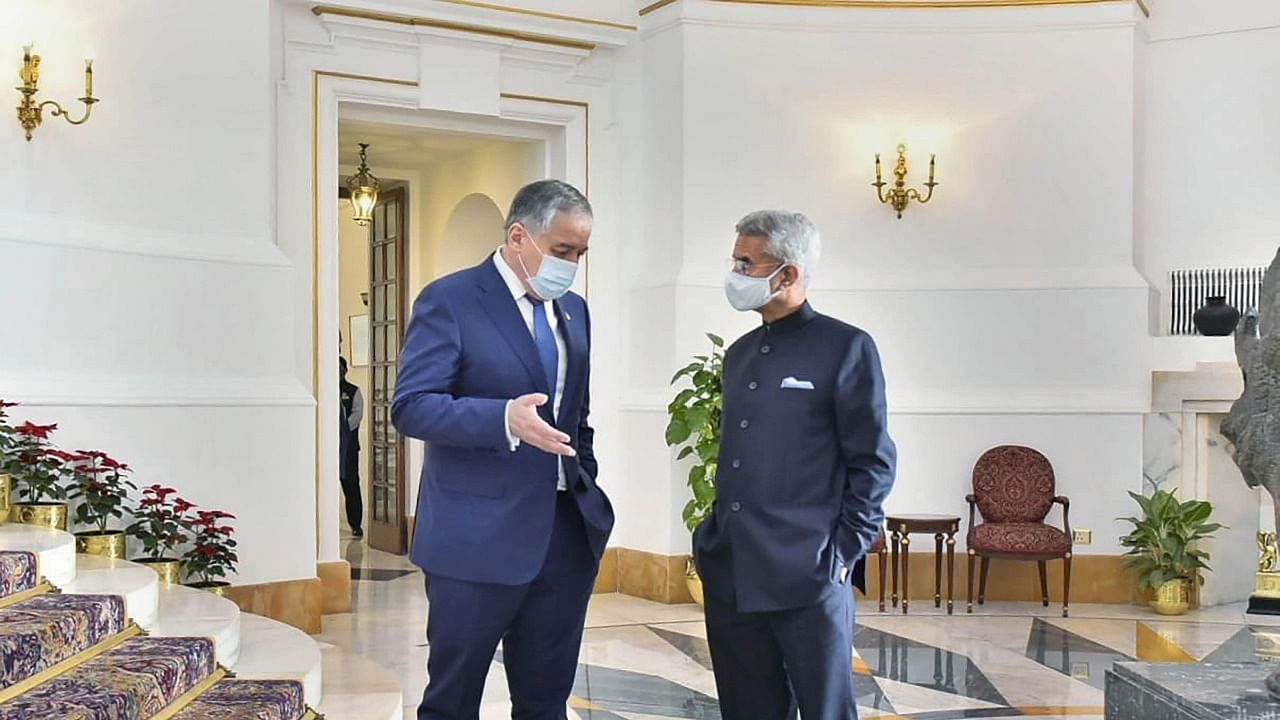 External Affairs Minister S Jaishankar with Foreign Minister  Sirojiddin Muhriddin of Tajikistan. Credit: PTI Photo