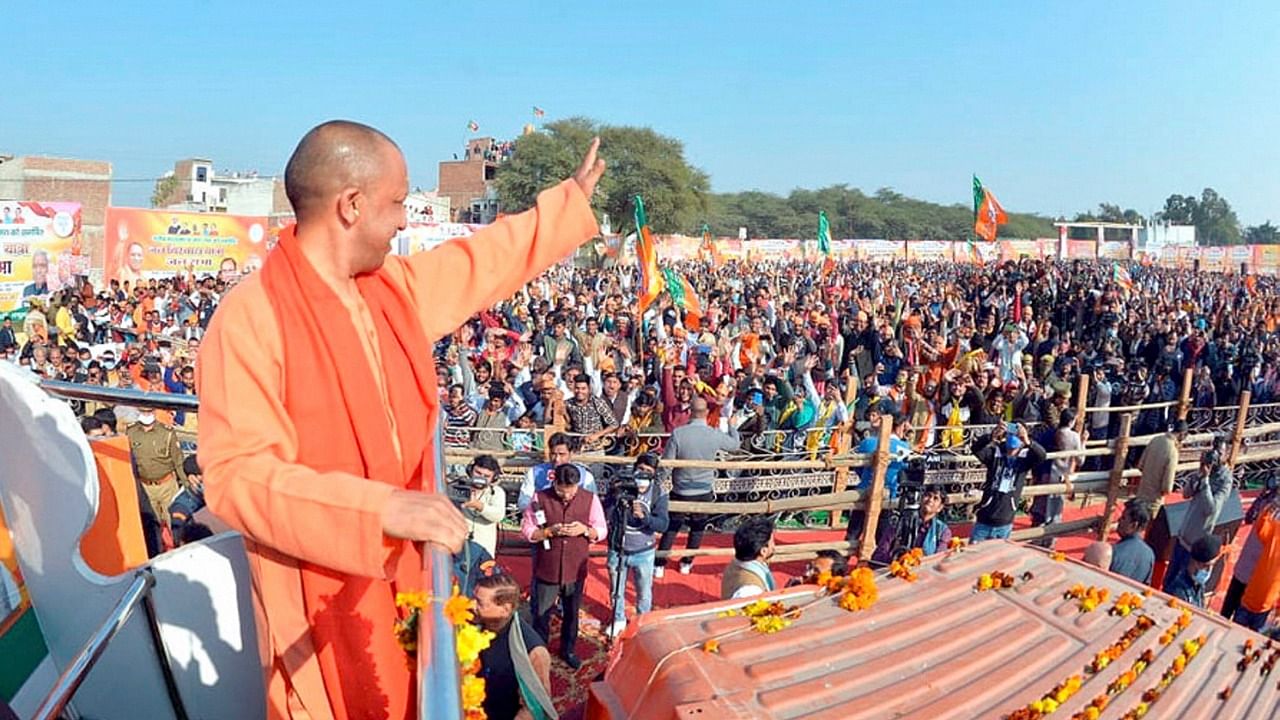 Yogi Adityanath at a rally in Mathura. Credit: PTI Photo