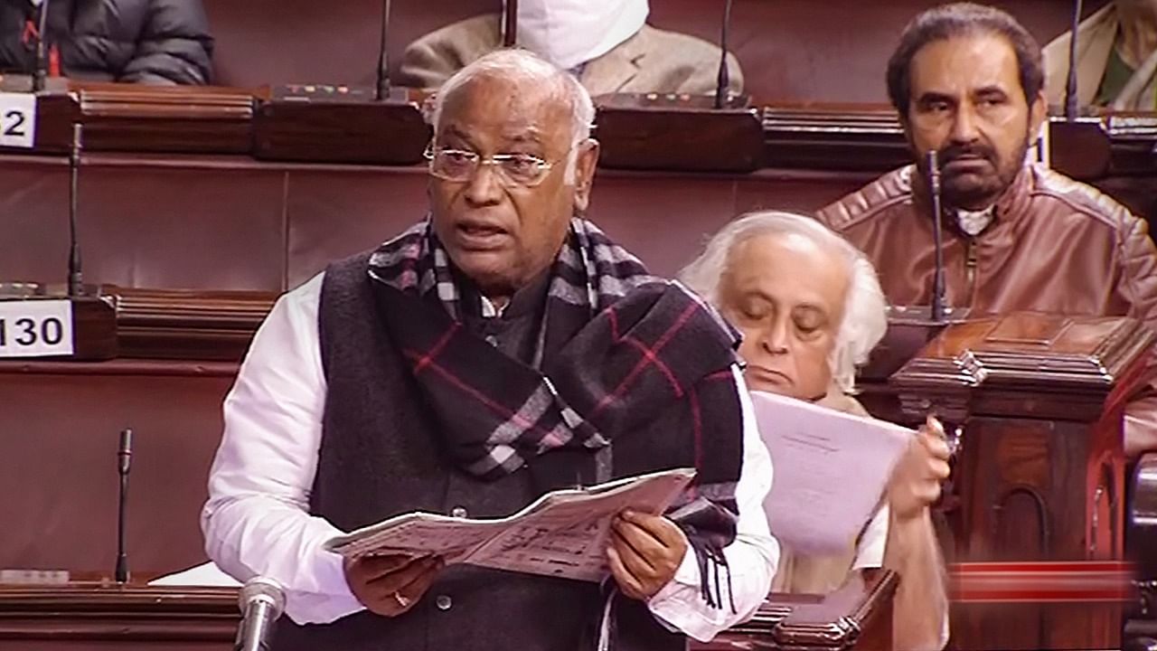 Congress leader Mallikarjun Kharge speaks in the Lok Sabha during the Winter Session of Parliament, in New Delhi, Wednesday, December 22, 2021. Credit: LSTV/PTI Photo