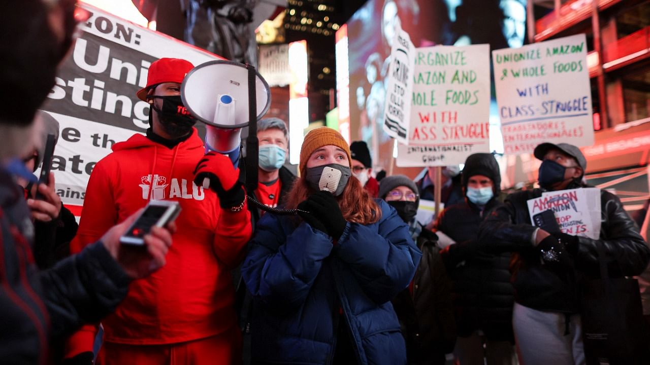 Staten Island Amazon workers protest in Times Square as they demand union rights, in New York City. Credit: Reuters Photo