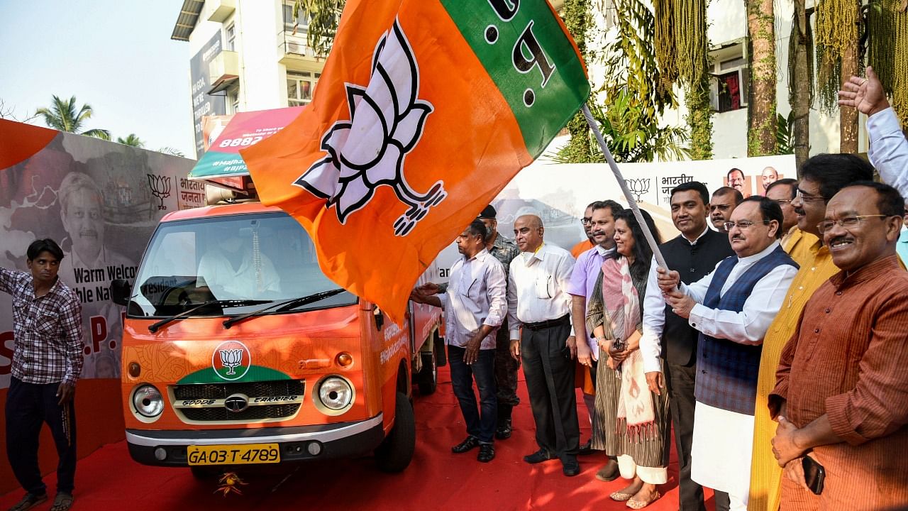 BJP National President J P Nadda flags off 'Sankalp Rath Yatra' in Panaji, Wednesday, Dec. 22, 2021. Credit: PTI Photo