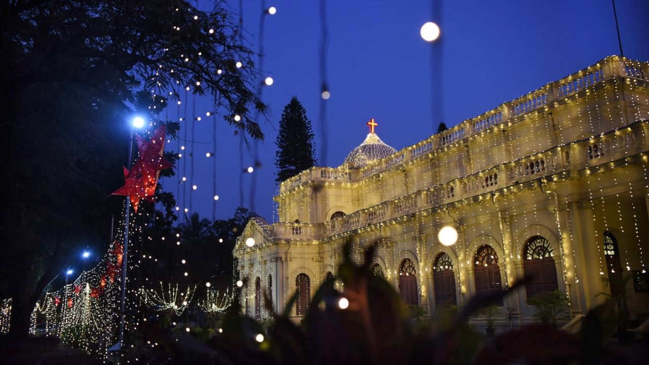 St Mark's Cathedral on MG Road illuminated ahead of Christmas and new year, in Bengaluru. Credit: DH Photo/Pushkar V