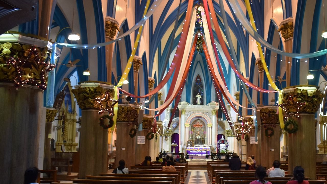 The St Mary’s Basilica Church decorated on the eve of Christmas, at Shivajinagar in Bengaluru on Thursday. Credit: DH Photo