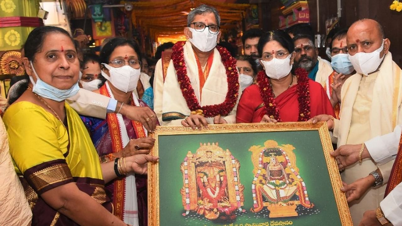 CJI NV Ramana and his wife at the Kanaka Durga temple in Vijayawada. Credit: PTI Photo