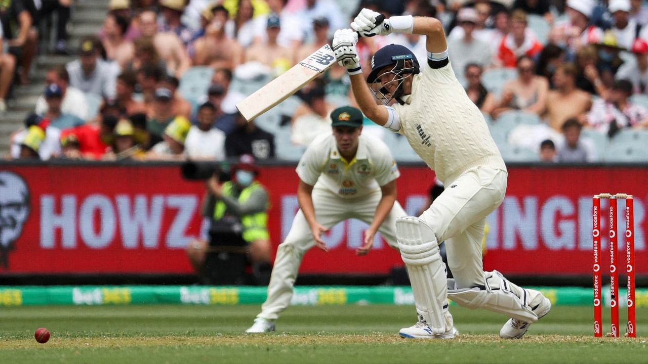 Joe Root of England in action against Australia in the third Ashes test at Melbourne Cricket Ground in Melbourne, Australia, December 26, 2021. Credit: Reuters Photo
