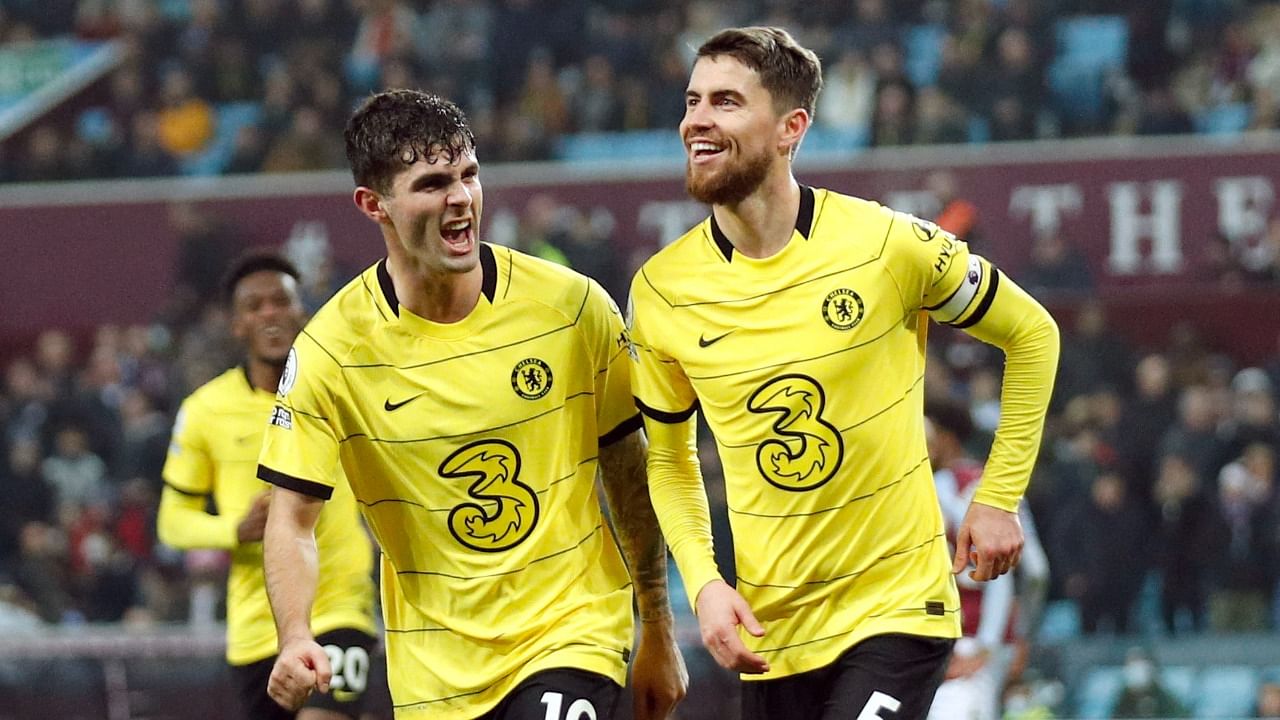 Chelsea's Jorginho (R) celebrates scoring their third goal with Christian Pulisic (L). Credit: Reuters Photo