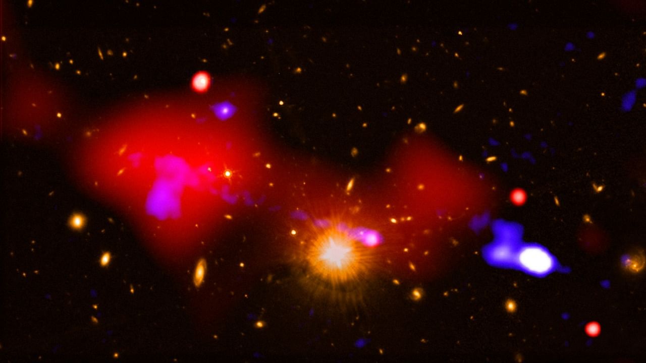 This image obtained from NASA on December 1, 2019 shows black holes that astronomers have uncovered that may have sparked the births of stars over a huge distance, and across multiple galaxies, if confirmed, this discovery, made with NASA’s Chandra X-ray Observatory and other telescopes, would represent the widest reach ever seen for a black hole acting as a stellar kick-starter and seems to have enhanced star formation more than one million light-years away. Credit: AFP File Photo