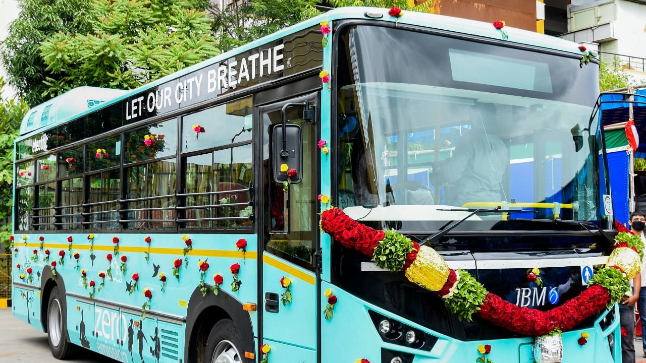 An electric bus supplied by the NTPC-JBM Group joint venture during a trial run in September 2021. Forty such buses will be inducted in Bengaluru on December 27. Credit: DH File Photo/M S Manjunath