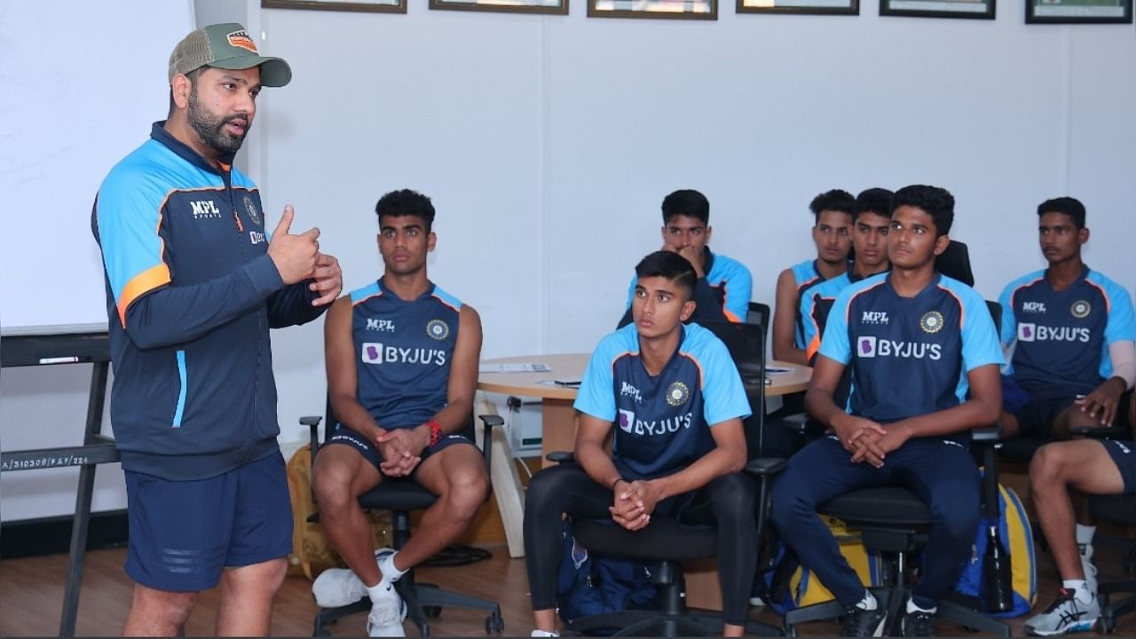 Rohit Sharma interacts with the Under 19 team ahead of the Asia Cup. Credit: DH File Photo