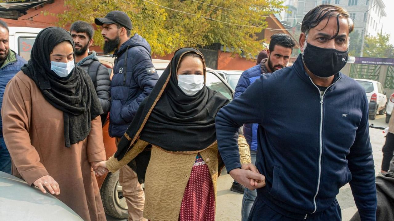 Family members of alleged OGW Mudasir Gul during their protest demanding Gul's body for last rites, in Srinagar. Credit: PTI file photo