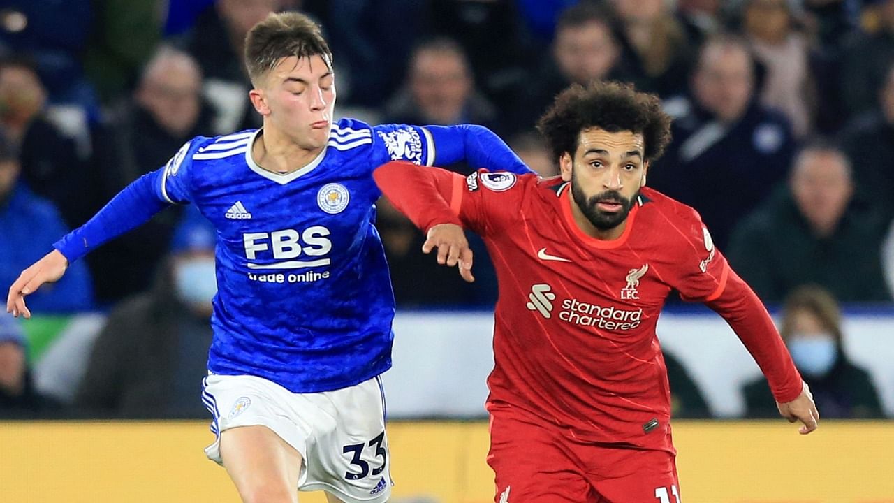 Leicester City's English defender Luke Thomas (L) vies with Liverpool's Egyptian midfielder Mohamed Salah during the English Premier League match at King Power Stadium in Leicester. Credit: AFP Photo