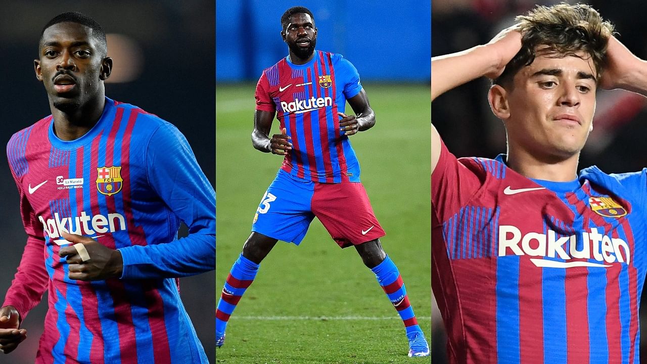 Barcelona forward Ousmane Dembele, defender Samuel Umtiti and midfielder Gavi. Credit: AFP Photo