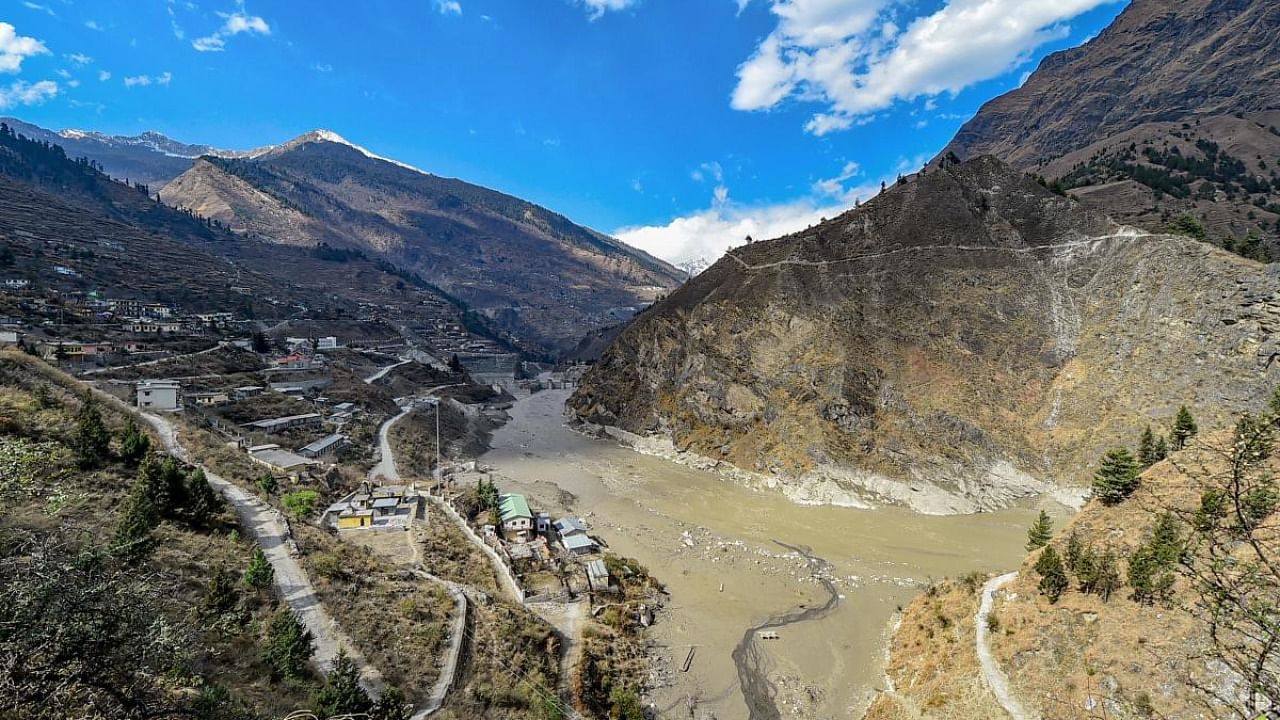 A view of Raini village, following the glacier burst in Joshimath causing a massive flood in the Dhauli Ganga river, in Chamoli district of Uttarakhand. Credit: PTI Photo