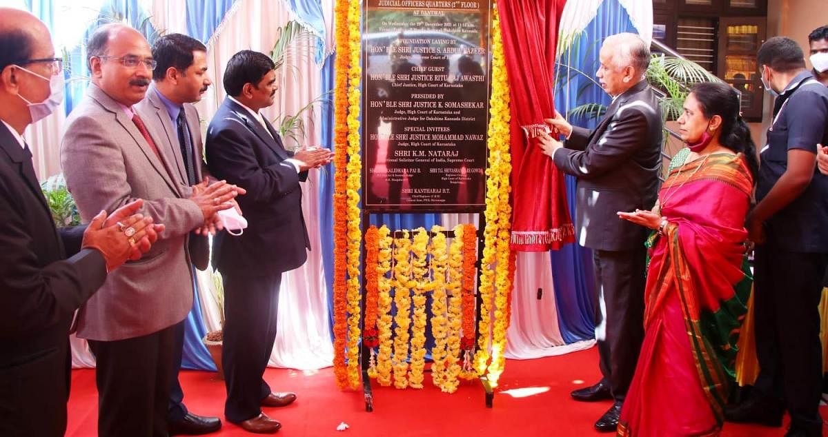 Supreme Court Judge Justice Abdul Nazeer symbolically laid the foundation stone for the second phase of judicial officers quarters on BC Road on Wednesday.