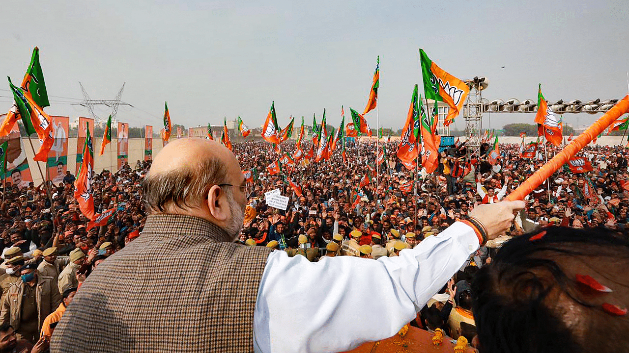 Union Home Minister Amit Shah during 'Jan Vishwas Rally' as part of Bharatiya Janata Party (BJP)'s election campaign. Credit: PTI Photo