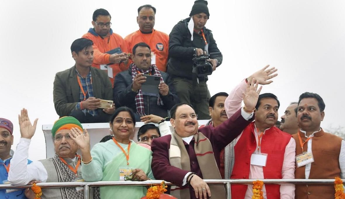 BJP National President J.P. Nadda waves towards supporters during BJP's 'Jan Vishwas Yatra' ahead of 2022 Uttar Pradesh Assembly elections, at Islamia Inter College Ground, in Budaun. Credit: PTI
