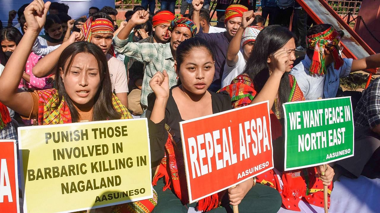 Protests for the withdrawal of the AFSPA have been going on in several districts of Nagaland ever since an Army unit killed 14 civilians in the state's Mon district earlier this month. Credit: PTI Photo