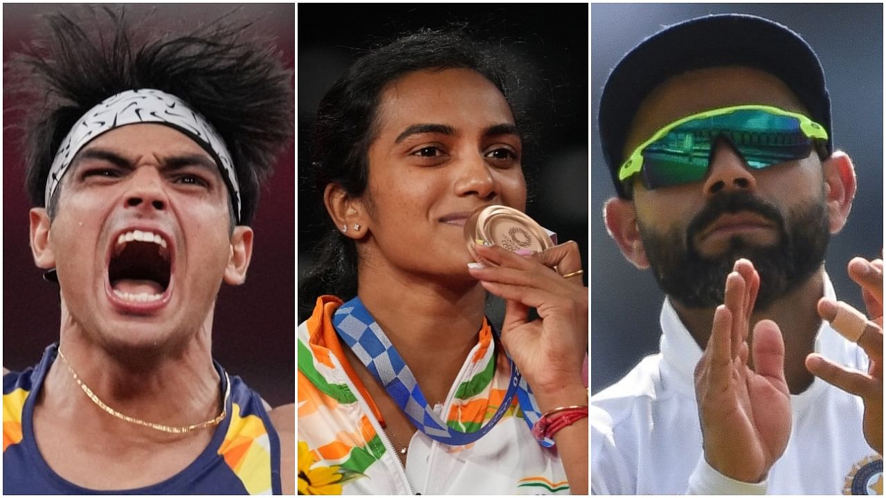 Neeraj Chopra, PV Sindhu and Virat Kohli. Credits: PTI Photos, AFP Photo