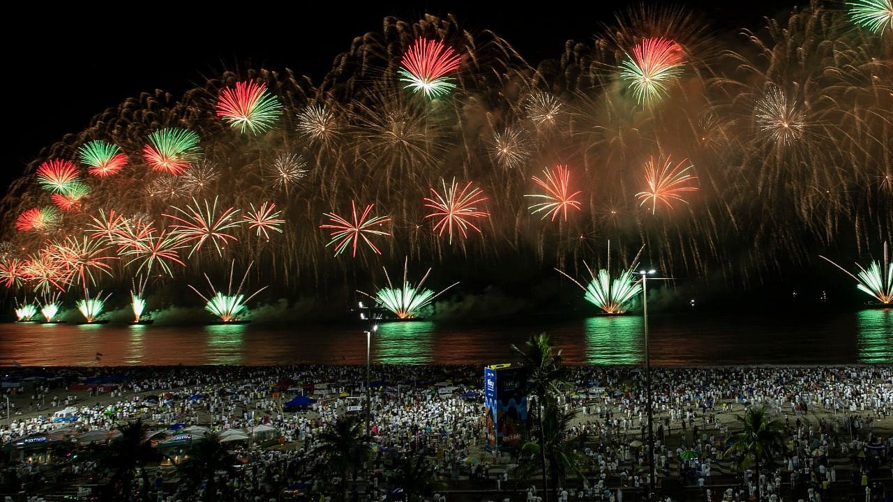 Fireworks explode over Copacabana Beach during New Year's celebrations, in Rio de Janeiro, Brazil, Saturday. Credit: AP/PTI Photo