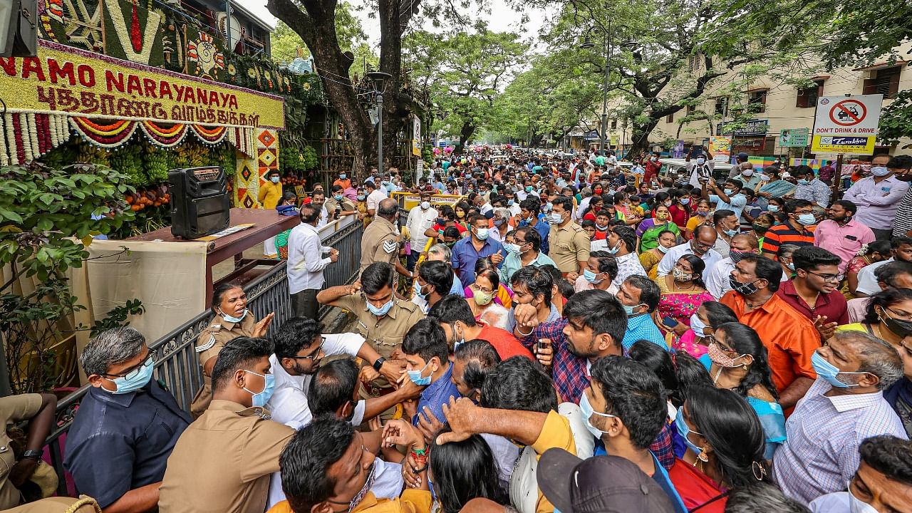People throng the Tirumala Tirupati Devasthanam's temple on the first day of the New Year. Credit: PTI Photo