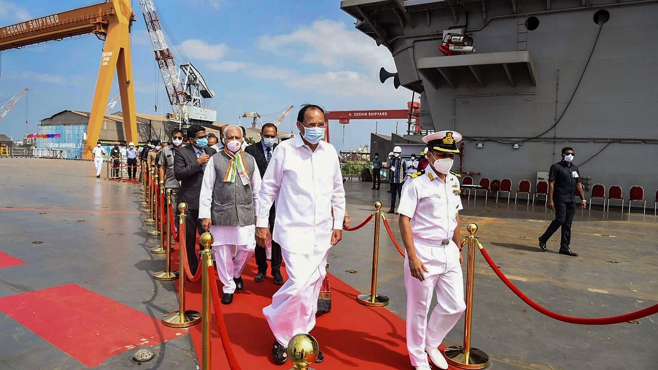 Vice President M. Venkaiah Naidu during his visit to India's first Indigenous Aircraft Carrier, INS Vikrant, in Kochi. Credit: PTI Photo