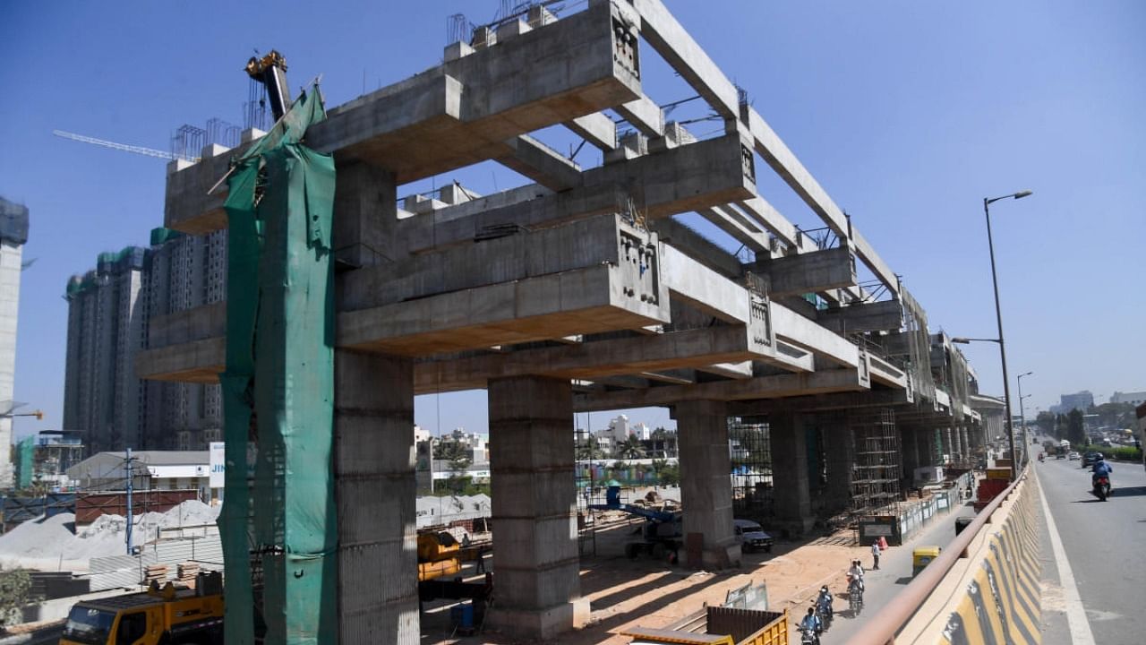 A file picture of the metro construction on Tumakuru Road. Credit: DH Photo/B H Shivakumar