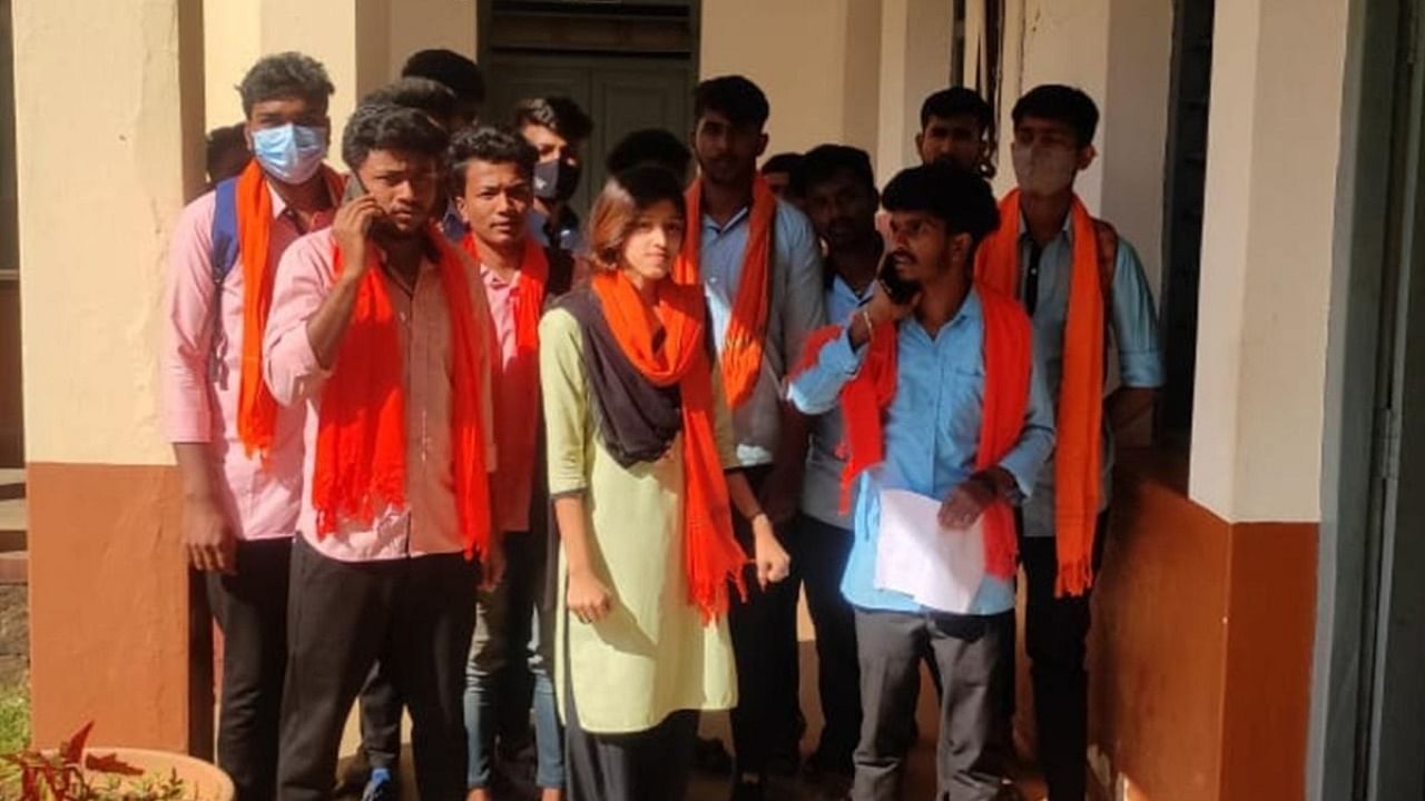 The students of the Government Degree College in Balagadi wearing saffron scarves. Credit: IANS photo