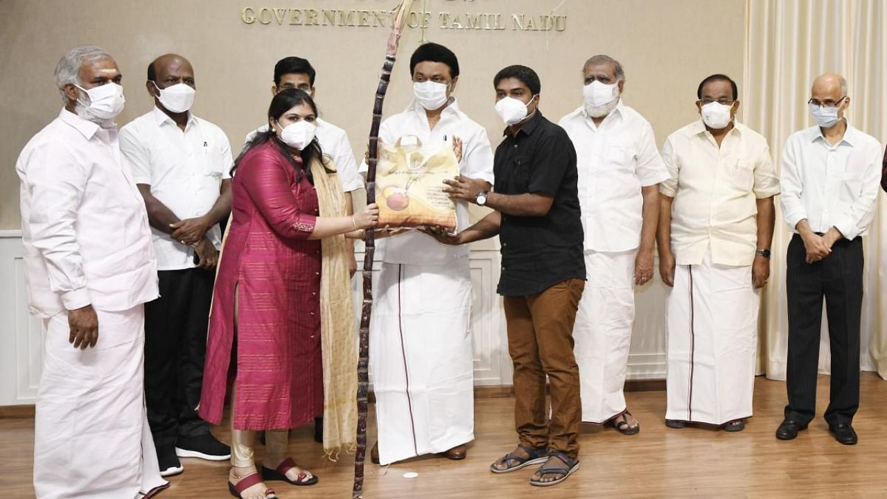 Chief Minister M K Stalin launched the distribution of the Pongal gift hamper in Chennai on Tuesday. Credit: Special Arrangement