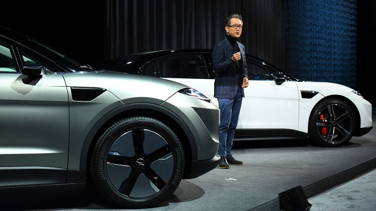 Sony's chairman and president Kenichiro Yoshida unveils the Vision-S SUV prototype electric vehicle during a press conference ahead of the CES. Credit: AFP Photo