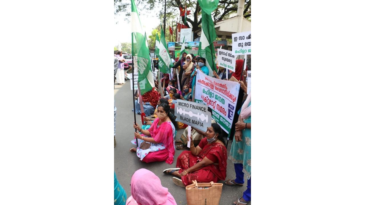 State general secretary of the Mahila Janata Dal led the protest march to the district collectorate. Credit: Special Arrangement