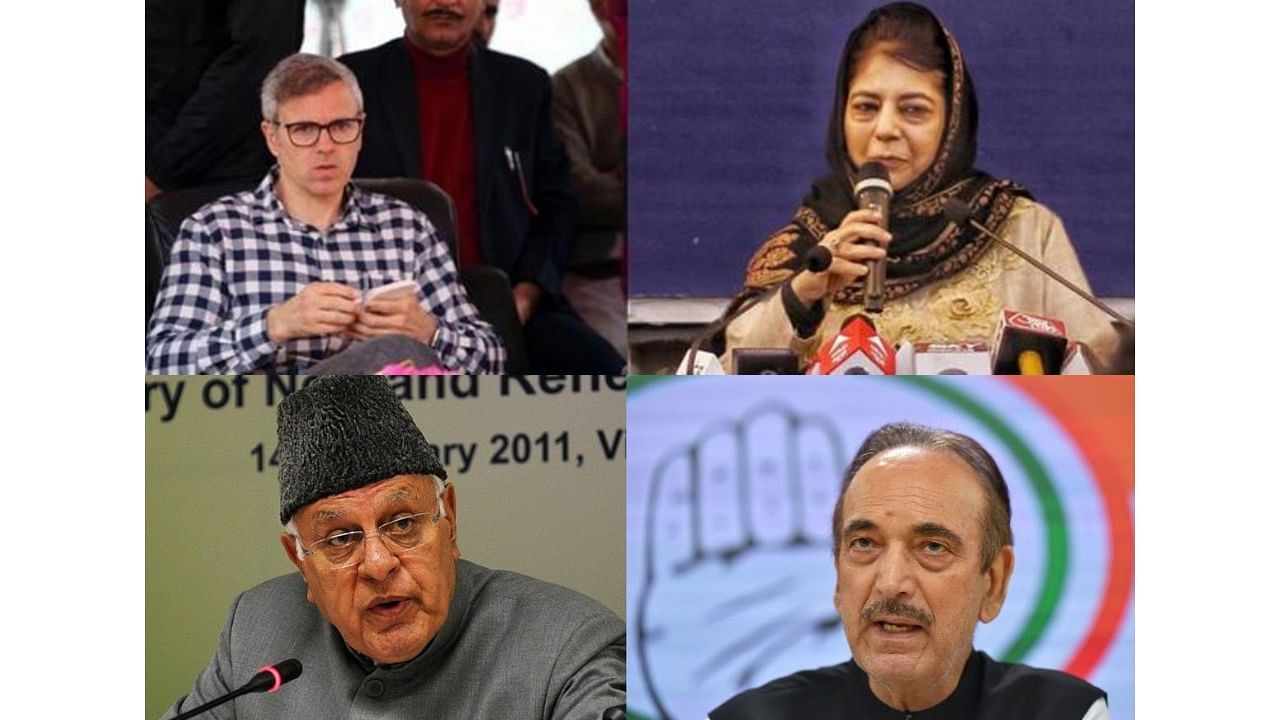 Farooq Abdullah, Ghulam Nabi Azad, Omar Abdullah and Mehbooba Mufti -- all former CMs of erstwhile state. Credit: IANS Photo