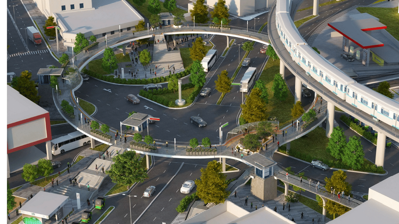 An areal view of the proposed skywalk at Banashankari Junction. Credit: BMRCL