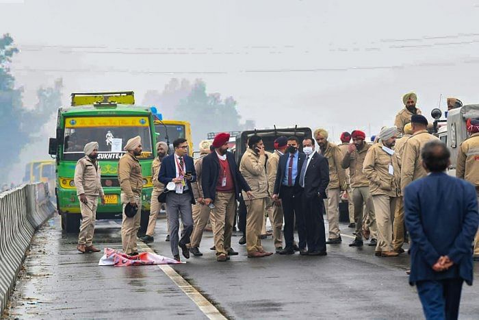 In a major security lapse, the prime minister's convoy was stranded on a flyover due to a blockade by protesters in Ferozepur on Wednesday. Credit: IANS Photo