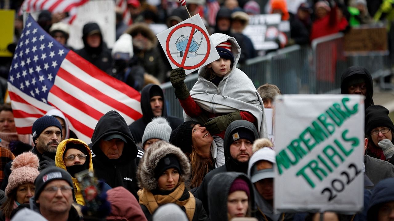 Protestors demonstrate against Covid-19 vaccine mandates during rally outside New York State Capitol in Albany. Credit: Reuters Photo